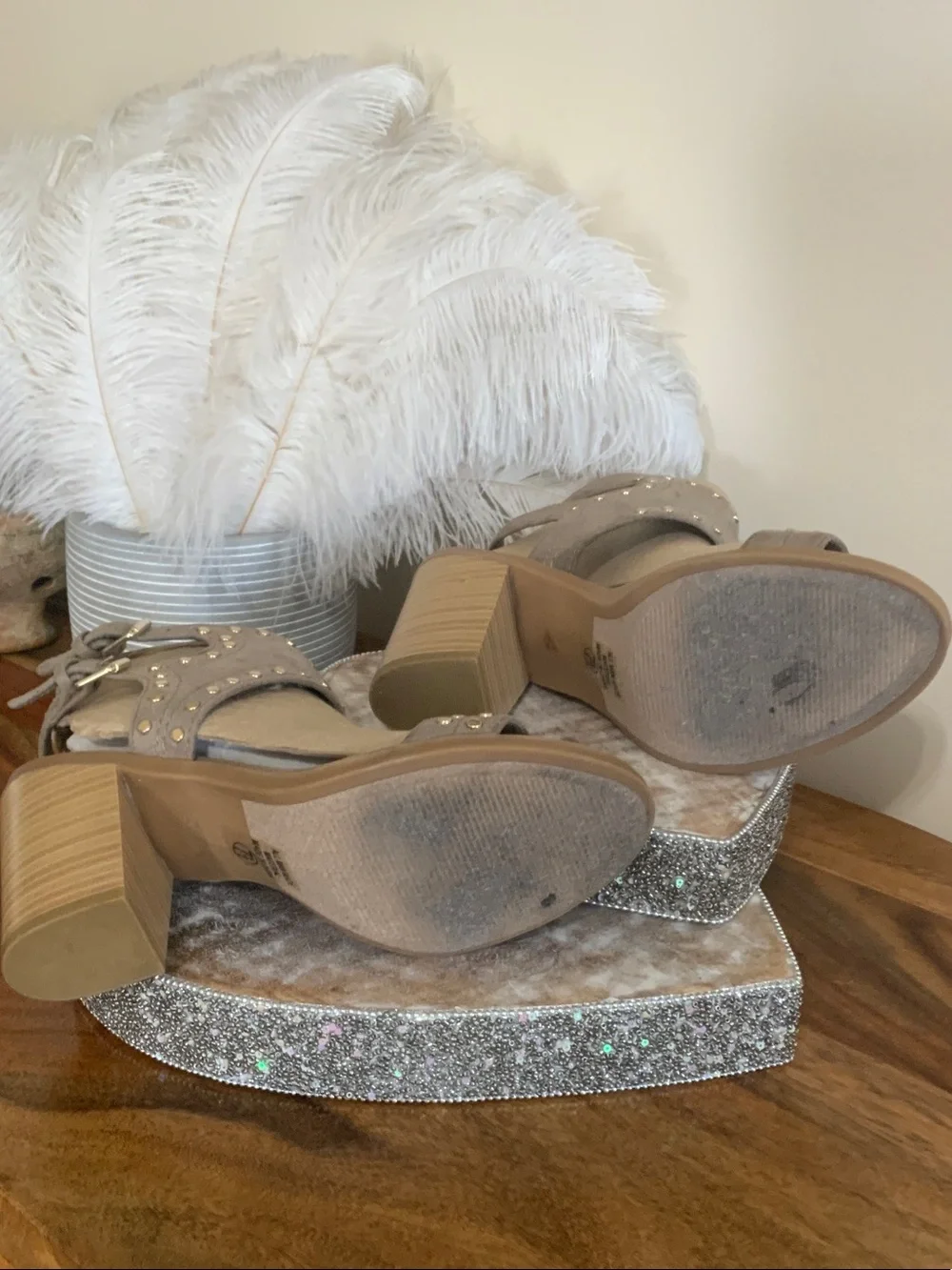Soda Taupe Suede Studded Block Heel Sandals